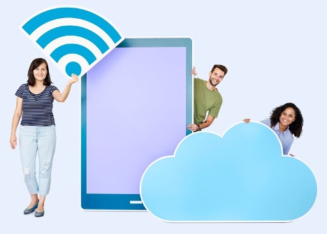 A man and two women posing with props representing Wi-Fi, smartphones, and cloud technology.