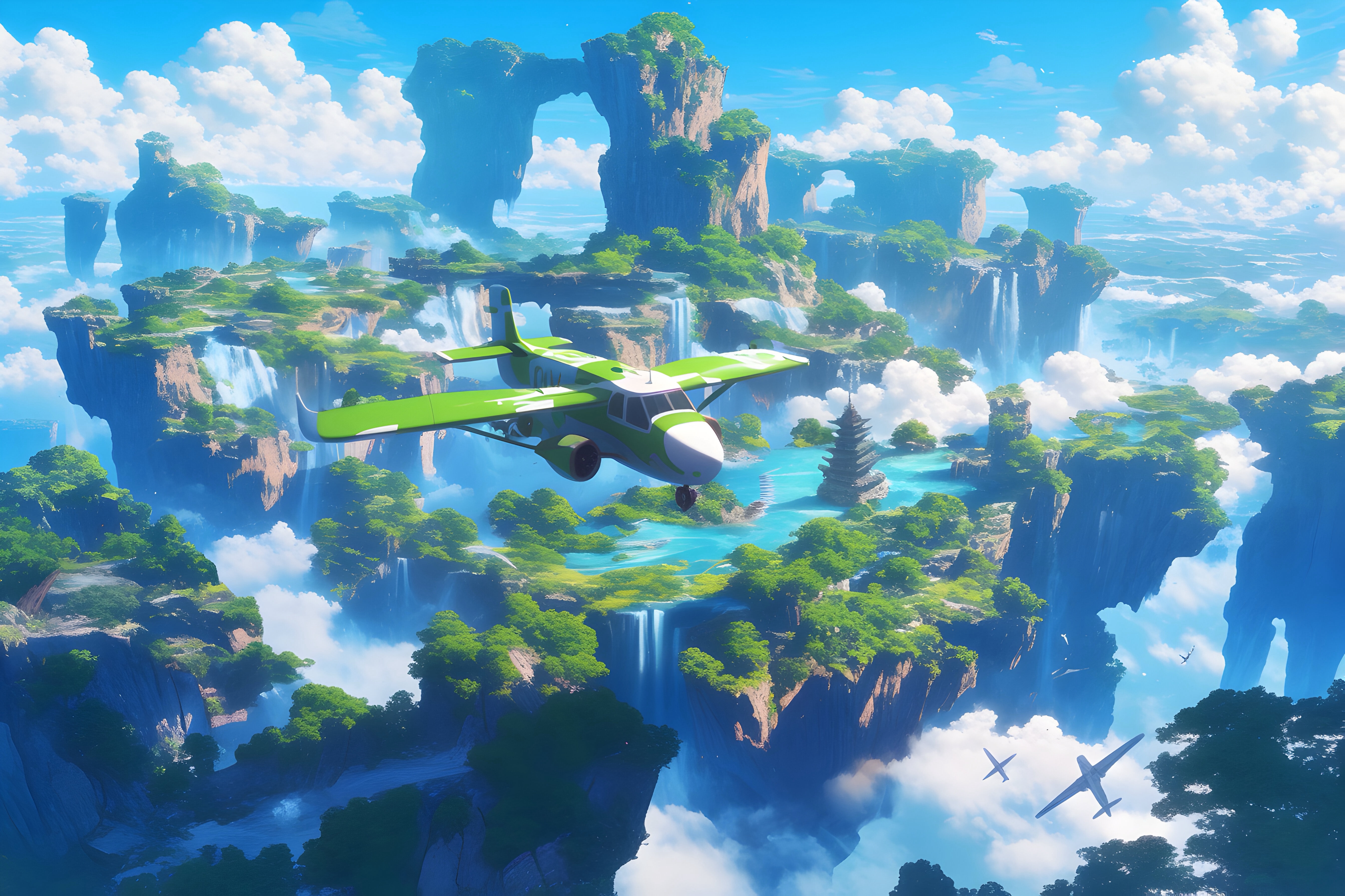 Airplane soaring in a fantasy-themed world as an illustration for open world PC games (game open world PC terbaik).